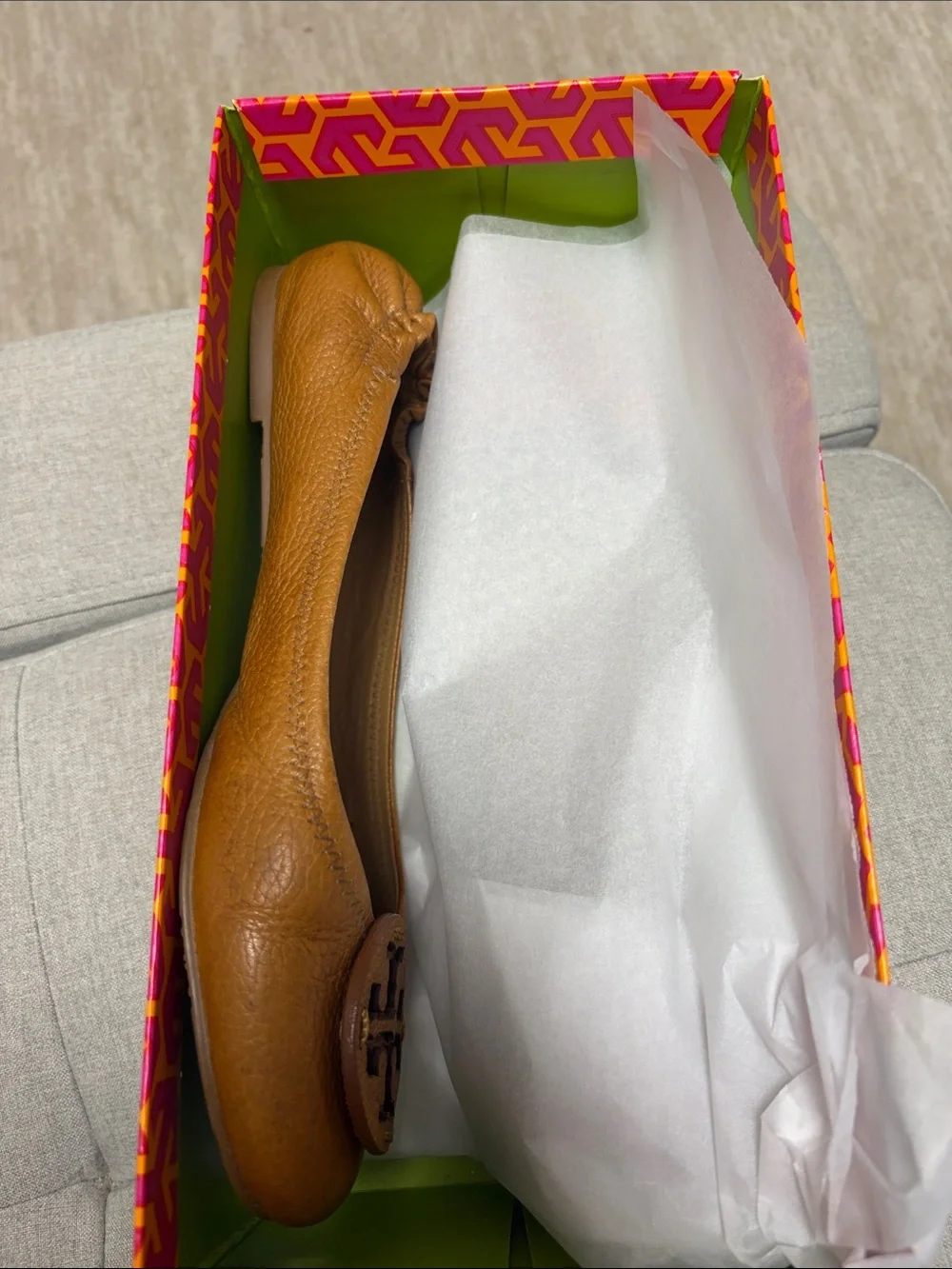Tory Burch Tan Reva With Leather Logo Ballet Flats